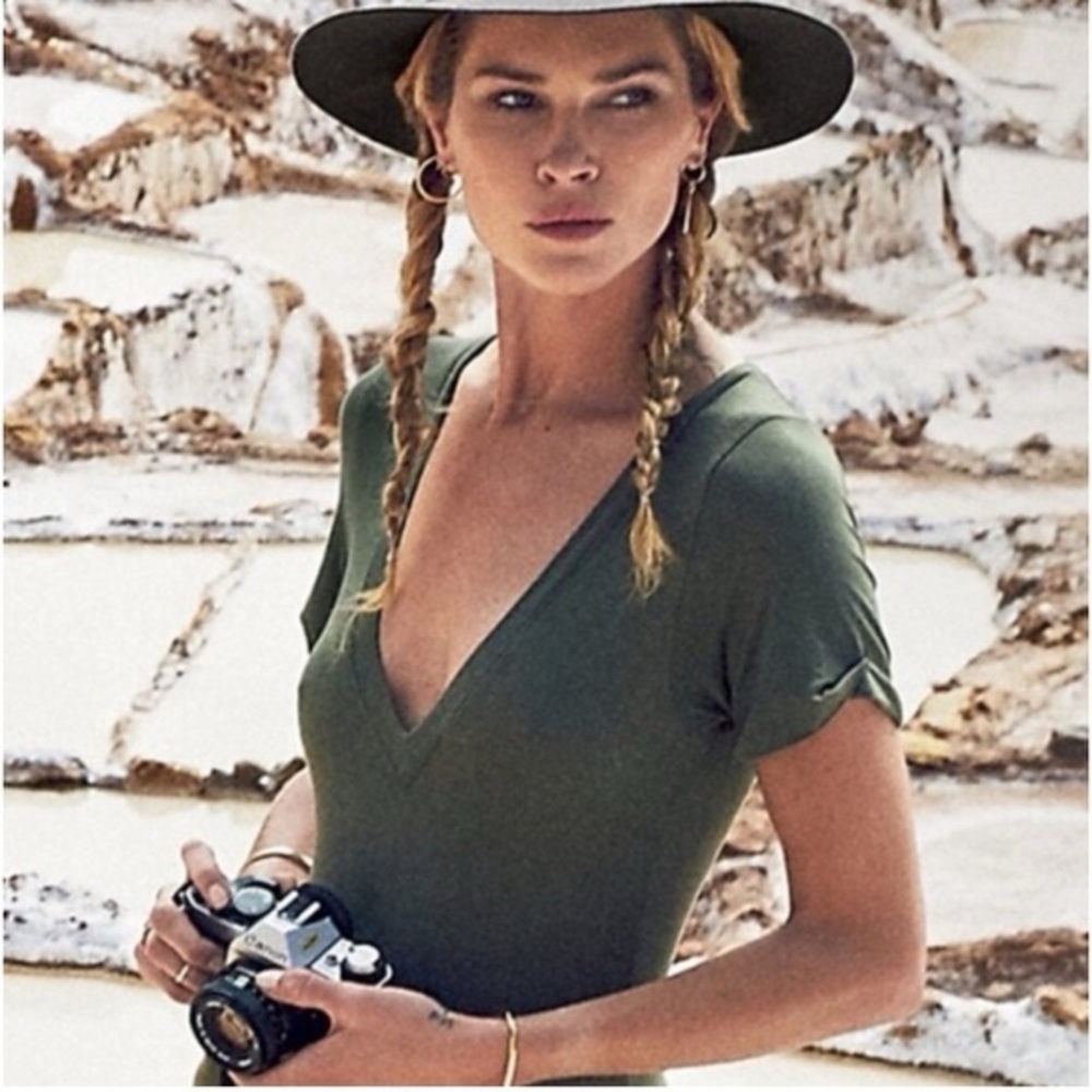Free People Oh Me Oh My Bodysuit XS Olive Green Deep V Neck